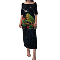 New Zealand Kakapo Matariki Personalised Family Matching Puletasi and Hawaiian Shirt Pohutukawa Flower Galaxy Maori Pattern LT22 Mom's Dress Black - Polynesian Pride