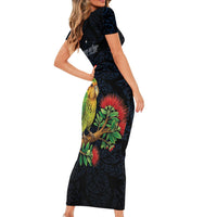 New Zealand Kakapo Matariki Personalised Family Matching Short Sleeve Bodycon Dress and Hawaiian Shirt Pohutukawa Flower Galaxy Maori Pattern LT22 - Polynesian Pride