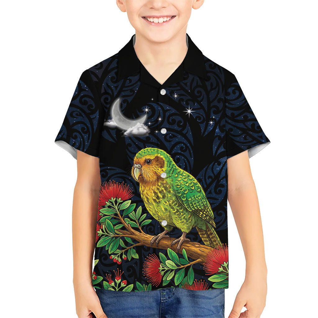 New Zealand Kakapo Matariki Personalised Kid Hawaiian Shirt Pohutukawa Flower Galaxy Maori Pattern LT22 Kid Black - Polynesian Pride