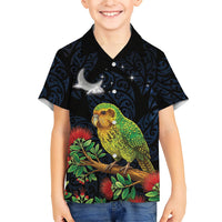 New Zealand Kakapo Matariki Personalised Kid Hawaiian Shirt Pohutukawa Flower Galaxy Maori Pattern LT22 Kid Black - Polynesian Pride
