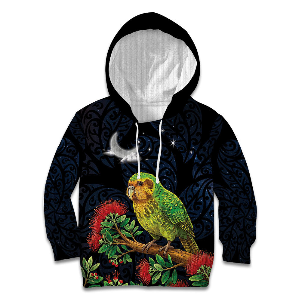 New Zealand Kakapo Matariki Personalised Kid Hoodie Pohutukawa Flower Galaxy Maori Pattern LT22 Hoodie Black - Polynesian Pride