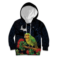 New Zealand Kakapo Matariki Personalised Kid Hoodie Pohutukawa Flower Galaxy Maori Pattern LT22 Hoodie Black - Polynesian Pride