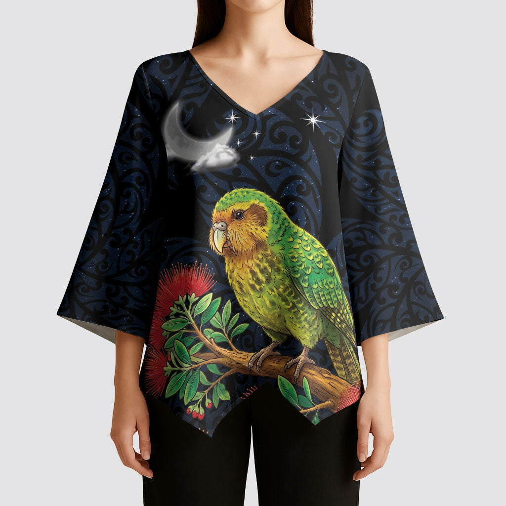 New Zealand Kakapo Matariki Personalised Kimono Sleeve Blouse Pohutukawa Flower Galaxy Maori Pattern