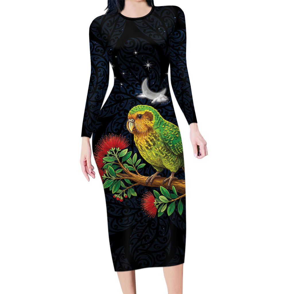 New Zealand Kakapo Matariki Personalised Long Sleeve Bodycon Dress Pohutukawa Flower Galaxy Maori Pattern LT22 Long Dress Black - Polynesian Pride