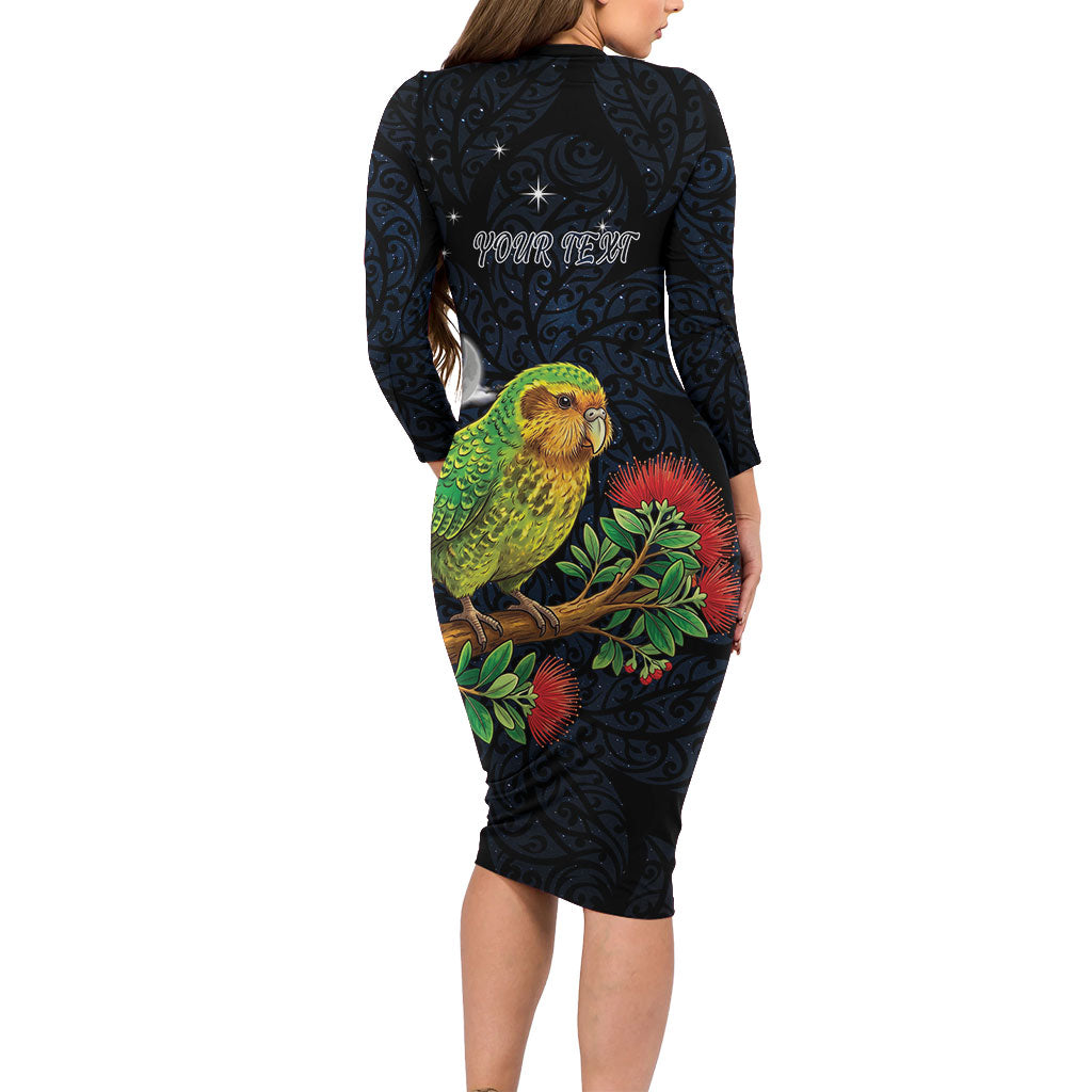 New Zealand Kakapo Matariki Personalised Long Sleeve Bodycon Dress Pohutukawa Flower Galaxy Maori Pattern LT22 - Polynesian Pride