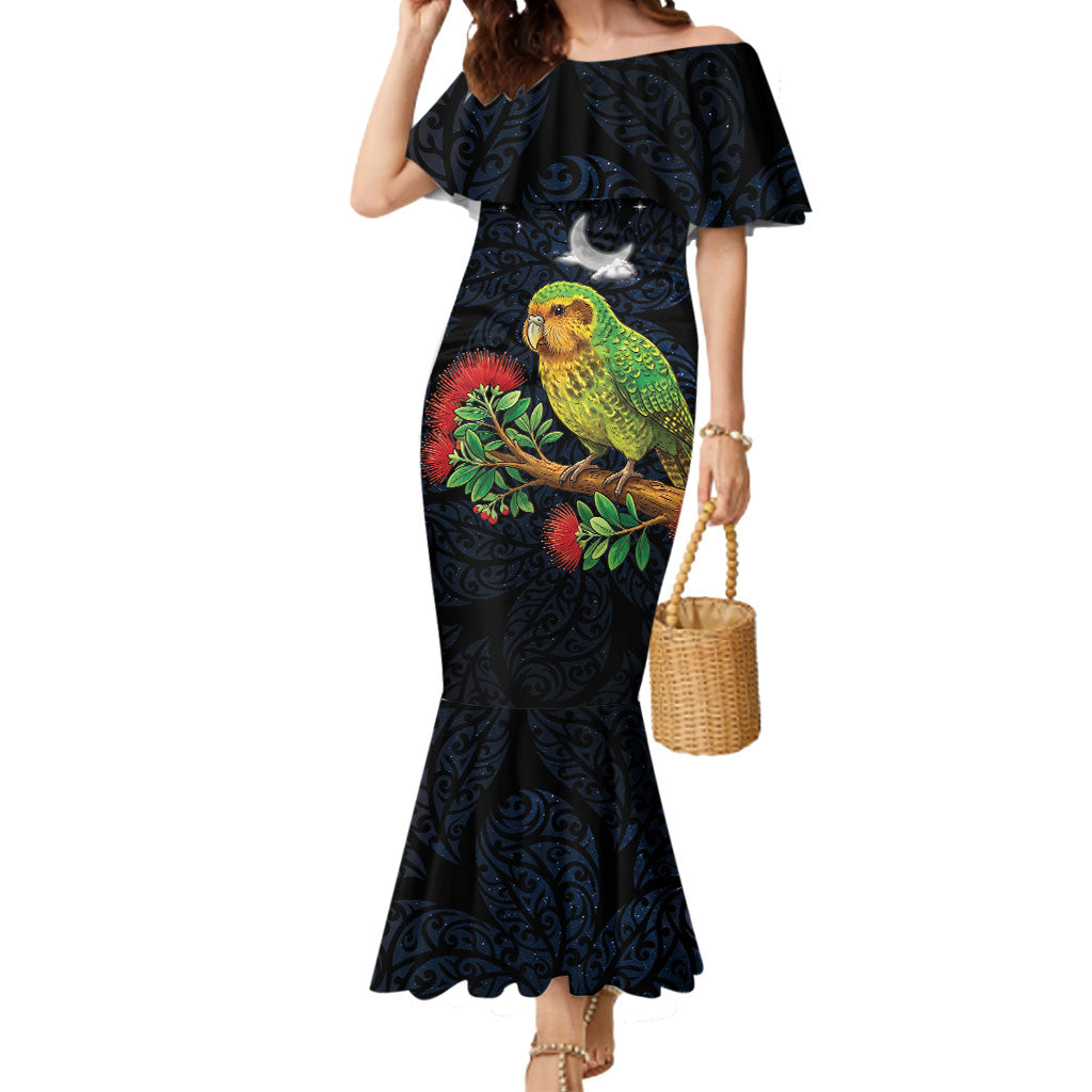 New Zealand Kakapo Matariki Personalised Mermaid Dress Pohutukawa Flower Galaxy Maori Pattern