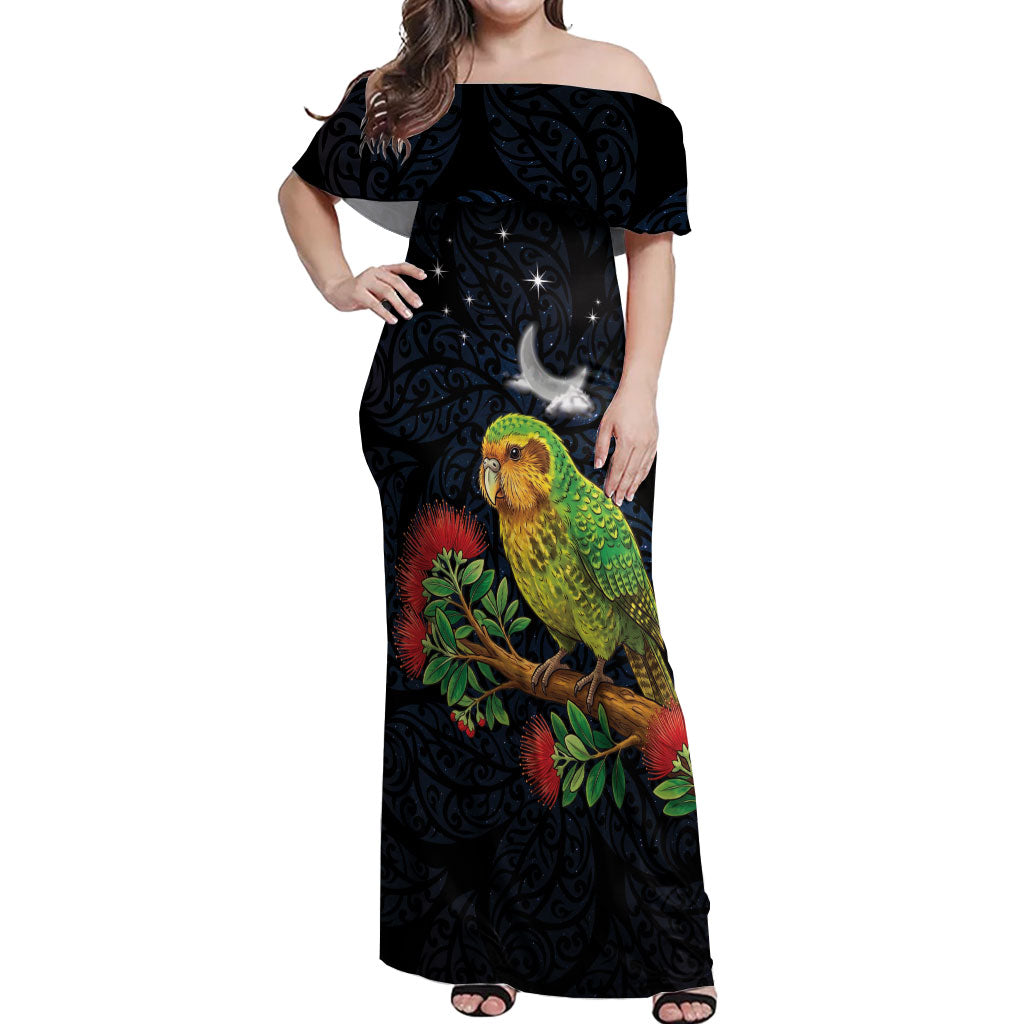 New Zealand Kakapo Matariki Personalised Off Shoulder Maxi Dress Pohutukawa Flower Galaxy Maori Pattern LT22 Women Black - Polynesian Pride