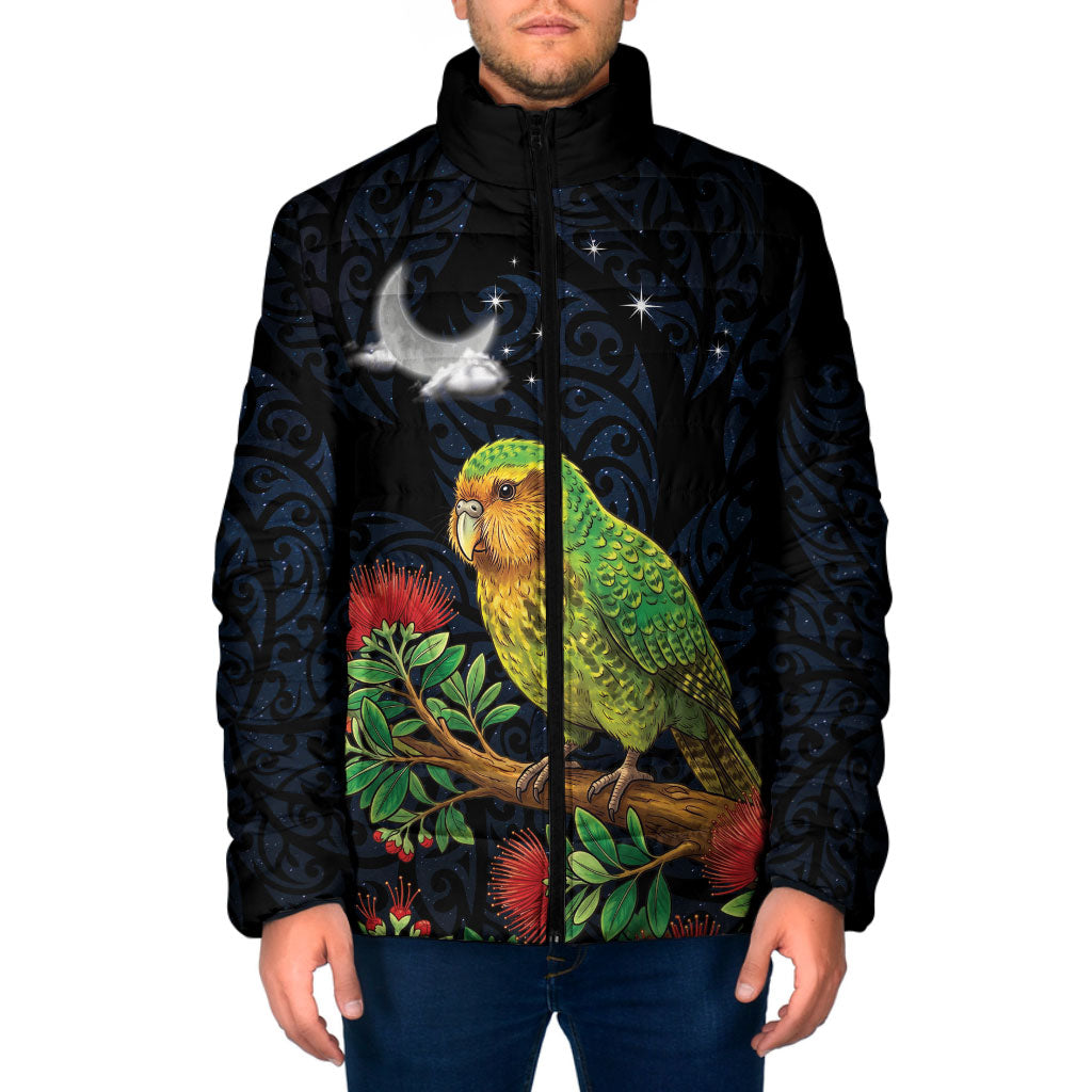 New Zealand Kakapo Matariki Personalised Padded Jacket Pohutukawa Flower Galaxy Maori Pattern LT22 Men Black - Polynesian Pride