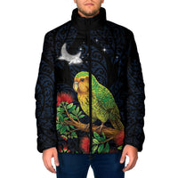 New Zealand Kakapo Matariki Personalised Padded Jacket Pohutukawa Flower Galaxy Maori Pattern LT22 Men Black - Polynesian Pride