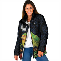 New Zealand Kakapo Matariki Personalised Padded Jacket Pohutukawa Flower Galaxy Maori Pattern LT22 Women Black - Polynesian Pride