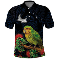 New Zealand Kakapo Matariki Personalised Polo Shirt Pohutukawa Flower Galaxy Maori Pattern LT22 Black - Polynesian Pride