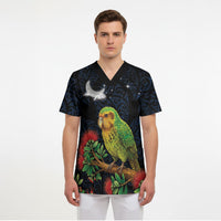 New Zealand Kakapo Matariki Personalised Scrub Top Pohutukawa Flower Galaxy Maori Pattern