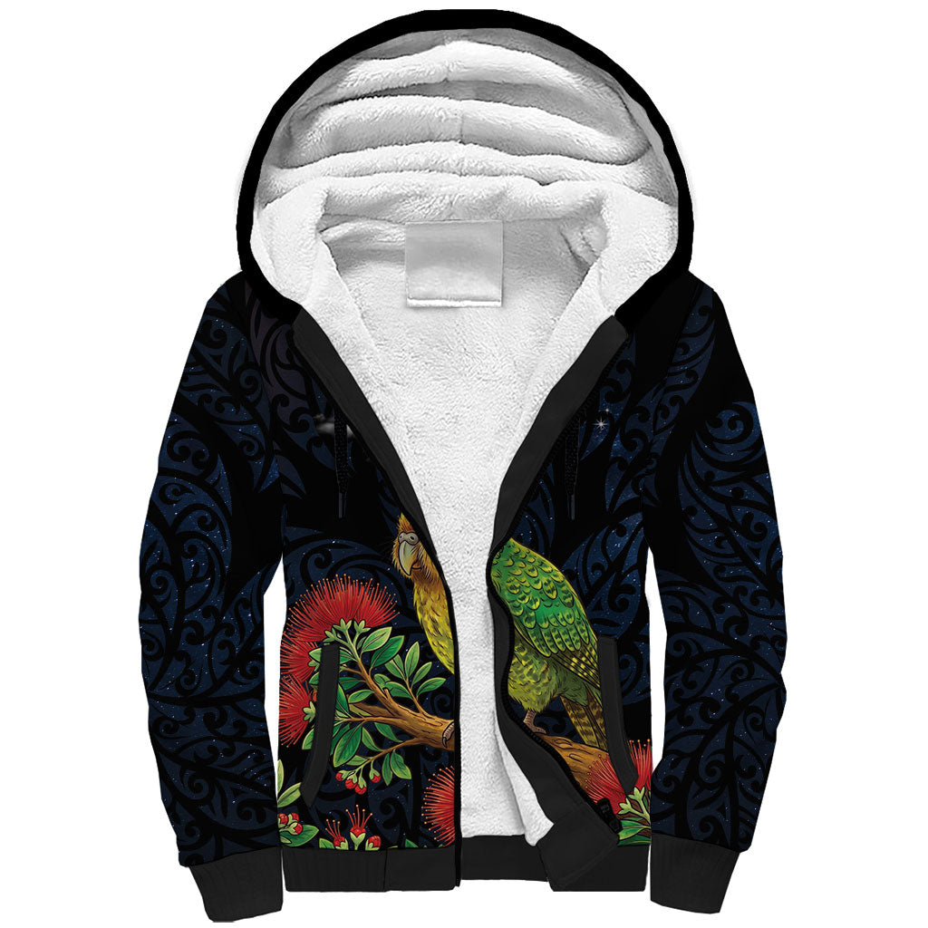 New Zealand Kakapo Matariki Personalised Sherpa Hoodie Pohutukawa Flower Galaxy Maori Pattern LT22 Unisex Black - Polynesian Pride
