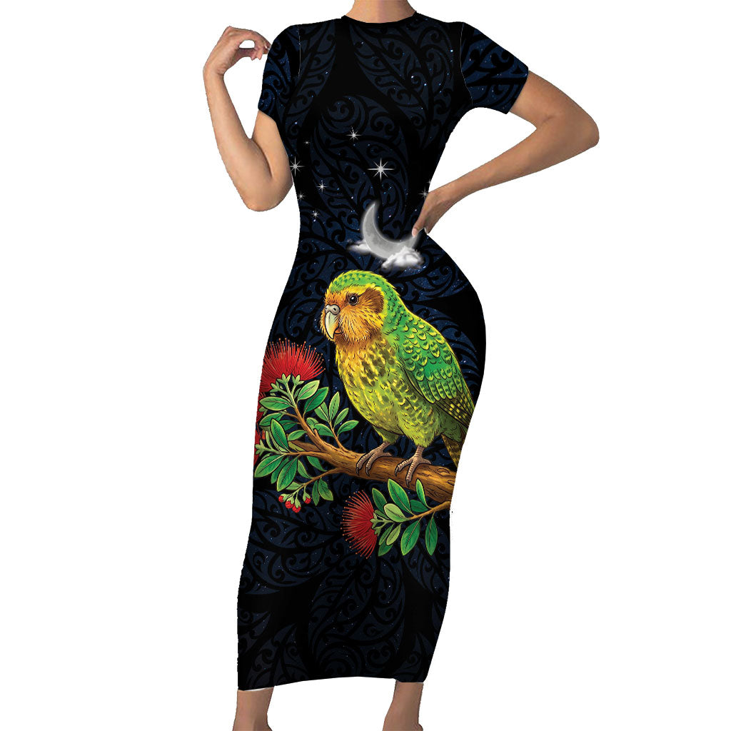 New Zealand Kakapo Matariki Personalised Short Sleeve Bodycon Dress Pohutukawa Flower Galaxy Maori Pattern LT22 Long Dress Black - Polynesian Pride