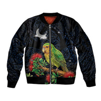 New Zealand Kakapo Matariki Personalised Sleeve Zip Bomber Jacket Pohutukawa Flower Galaxy Maori Pattern
