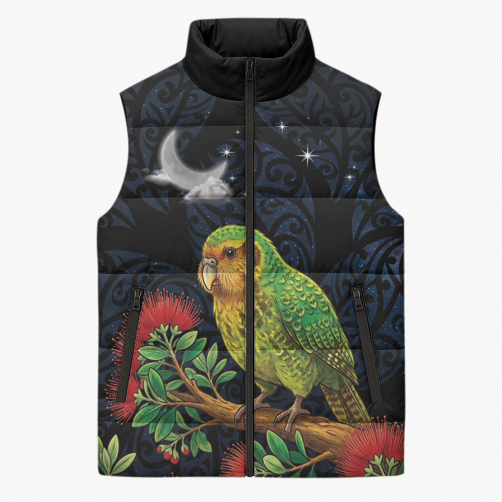 New Zealand Kakapo Matariki Personalised Sleeveless Puffer Jacket Pohutukawa Flower Galaxy Maori Pattern