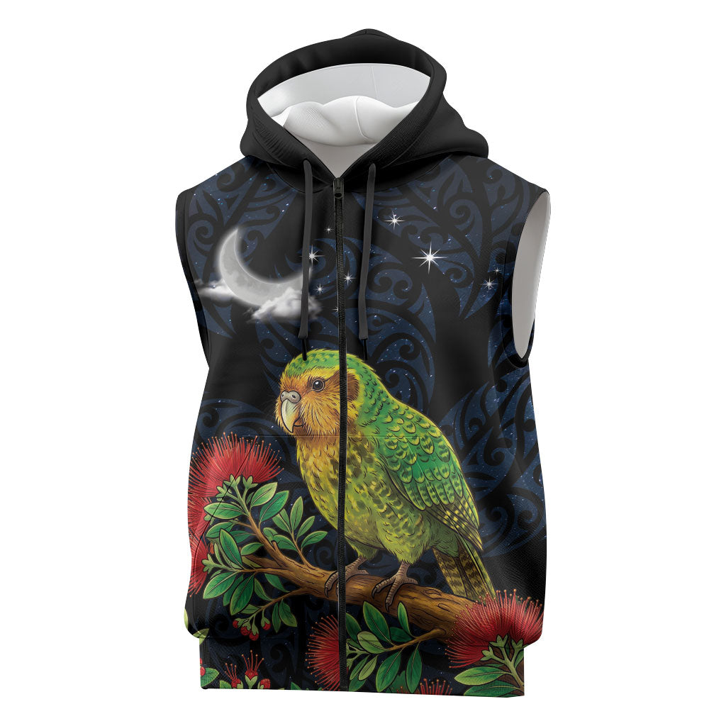New Zealand Kakapo Matariki Personalised Sleeveless Zip Hoodie Pohutukawa Flower Galaxy Maori Pattern