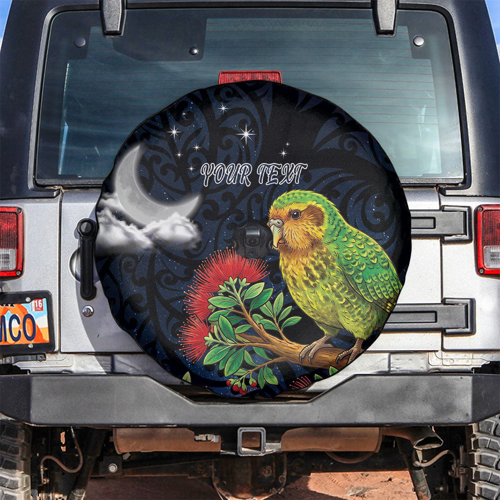 New Zealand Kakapo Matariki Personalised Spare Tire Cover Pohutukawa Flower Galaxy Maori Pattern LT22 Black - Polynesian Pride