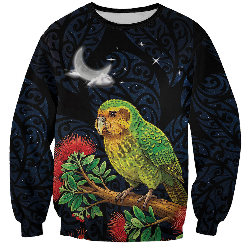 New Zealand Kakapo Matariki Personalised Sweatshirt Pohutukawa Flower Galaxy Maori Pattern LT22 Unisex Black - Polynesian Pride