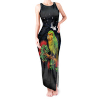 New Zealand Kakapo Matariki Personalised Tank Maxi Dress Pohutukawa Flower Galaxy Maori Pattern LT22 Women Black - Polynesian Pride