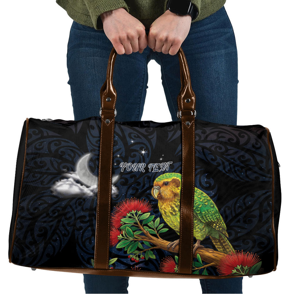 New Zealand Kakapo Matariki Personalised Travel Bag Pohutukawa Flower Galaxy Maori Pattern LT22 Black - Polynesian Pride