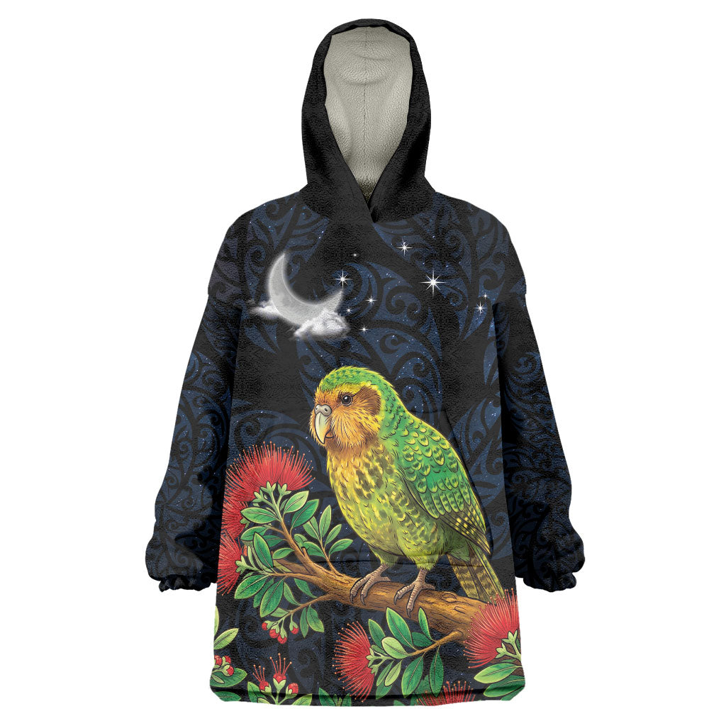 New Zealand Kakapo Matariki Personalised Wearable Blanket Hoodie Pohutukawa Flower Galaxy Maori Pattern LT22 One Size Black - Polynesian Pride