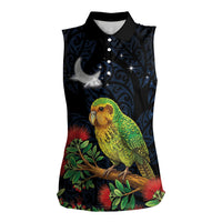 New Zealand Kakapo Matariki Personalised Women Sleeveless Polo Shirt Pohutukawa Flower Galaxy Maori Pattern LT22 Female Black - Polynesian Pride