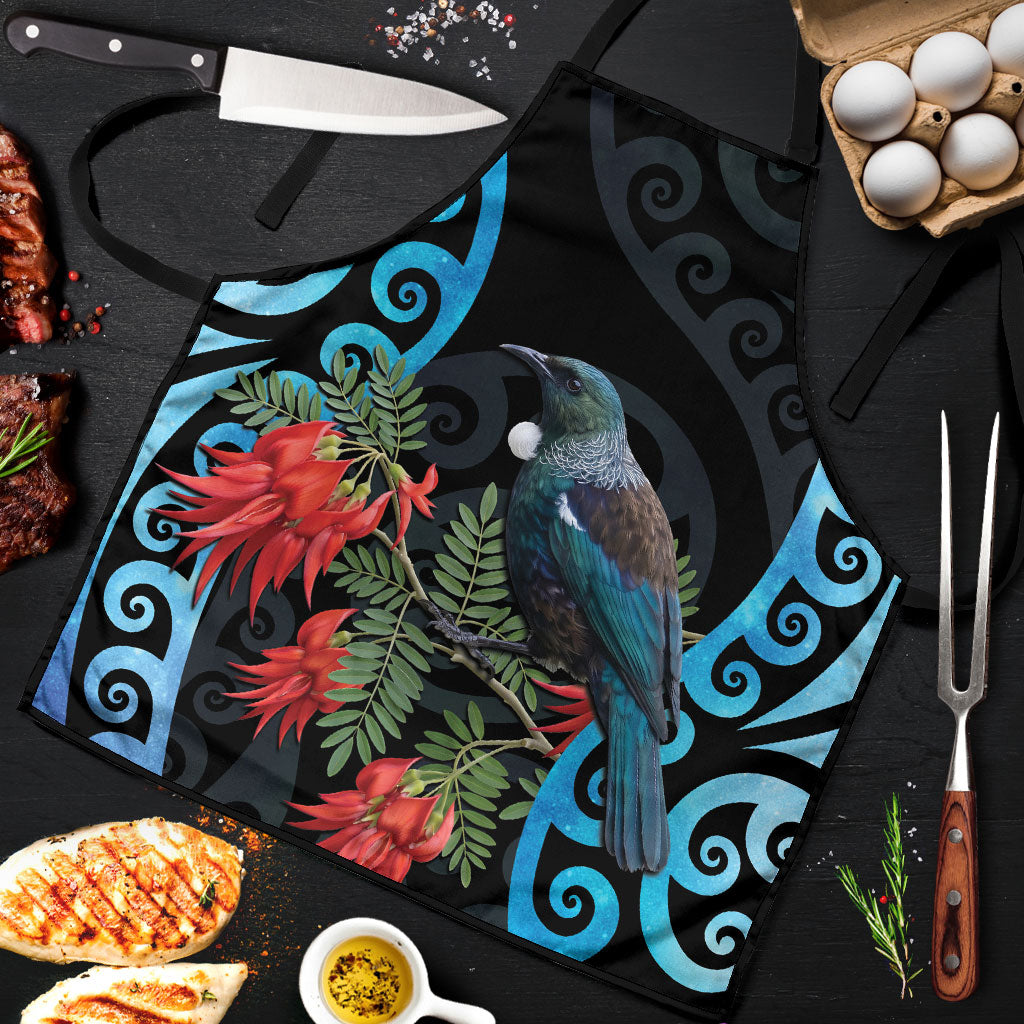 Tui Bird Kakabeak New Zealand Apron Clianthus Galaxy Maori Koru Pattern LT22 Blue - Polynesian Pride