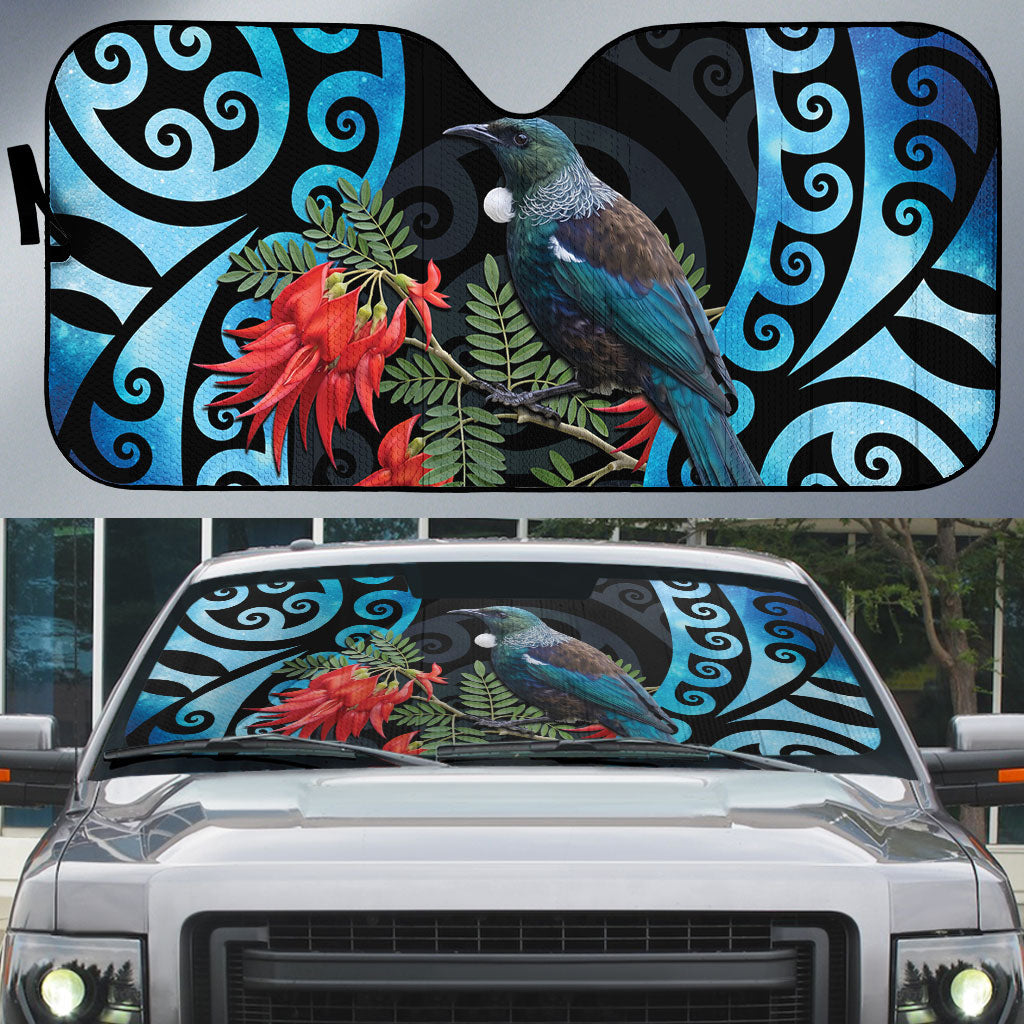 Tui Bird Kakabeak New Zealand Auto Sun Shade Clianthus Galaxy Maori Koru Pattern LT22 Blue - Polynesian Pride