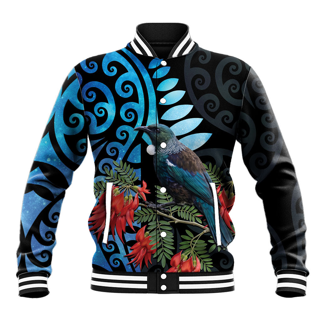 Tui Bird Kakabeak New Zealand Baseball Jacket Clianthus Galaxy Maori Koru Pattern LT22 Unisex Blue - Polynesian Pride