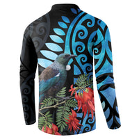 Tui Bird Kakabeak New Zealand Button Sweatshirt Clianthus Galaxy Maori Koru Pattern