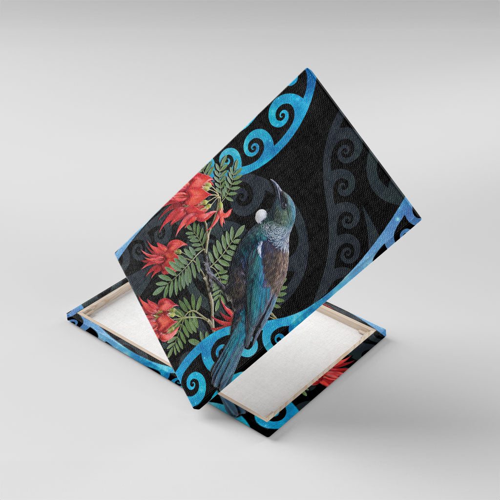 Tui Bird Kakabeak New Zealand Canvas Wall Art Clianthus Galaxy Maori Koru Pattern LT22 With Frame Blue - Polynesian Pride