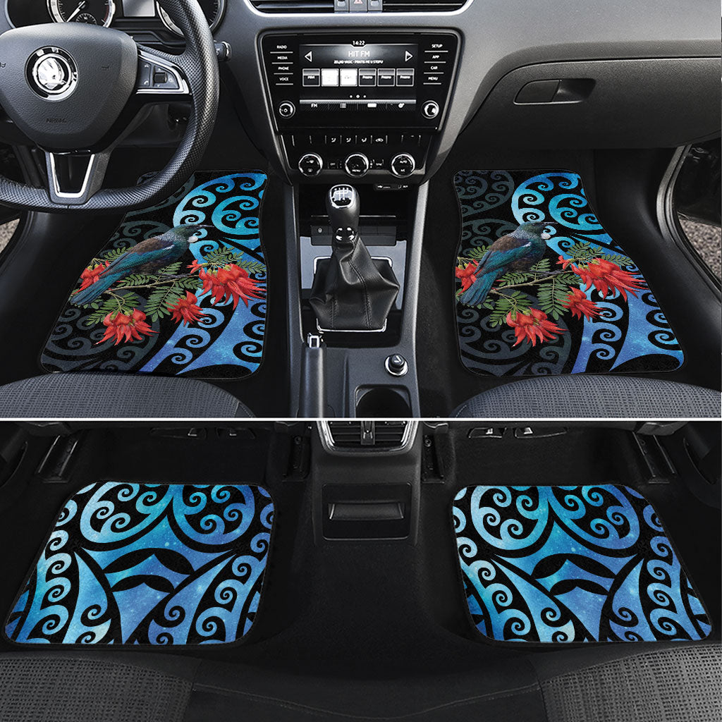 Tui Bird Kakabeak New Zealand Car Mats Clianthus Galaxy Maori Koru Pattern LT22 Set 4pcs Blue - Polynesian Pride