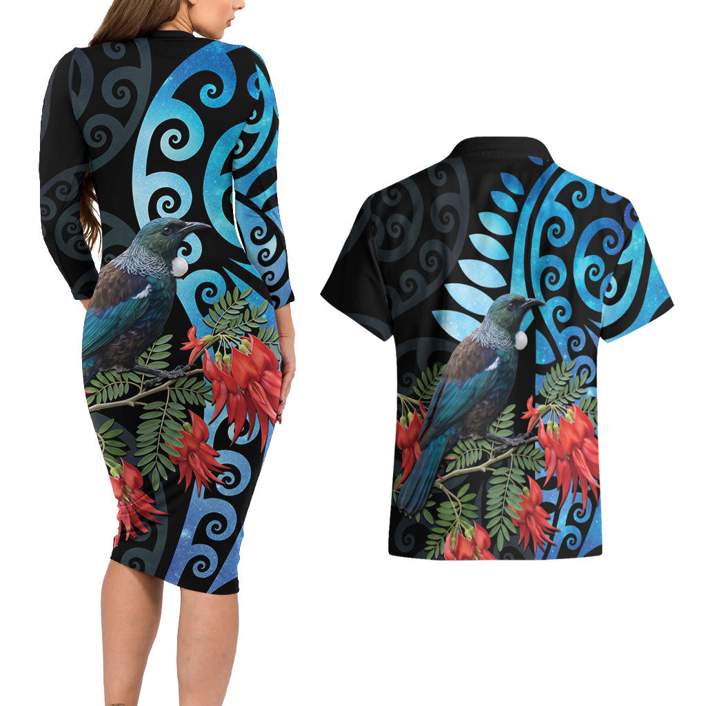 Tui Bird Kakabeak New Zealand Couples Matching Long Sleeve Bodycon Dress and Hawaiian Shirt Clianthus Galaxy Maori Koru Pattern LT22 - Polynesian Pride