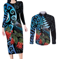 Tui Bird Kakabeak New Zealand Couples Matching Long Sleeve Bodycon Dress and Long Sleeve Button Shirt Clianthus Galaxy Maori Koru Pattern LT22 Blue - Polynesian Pride