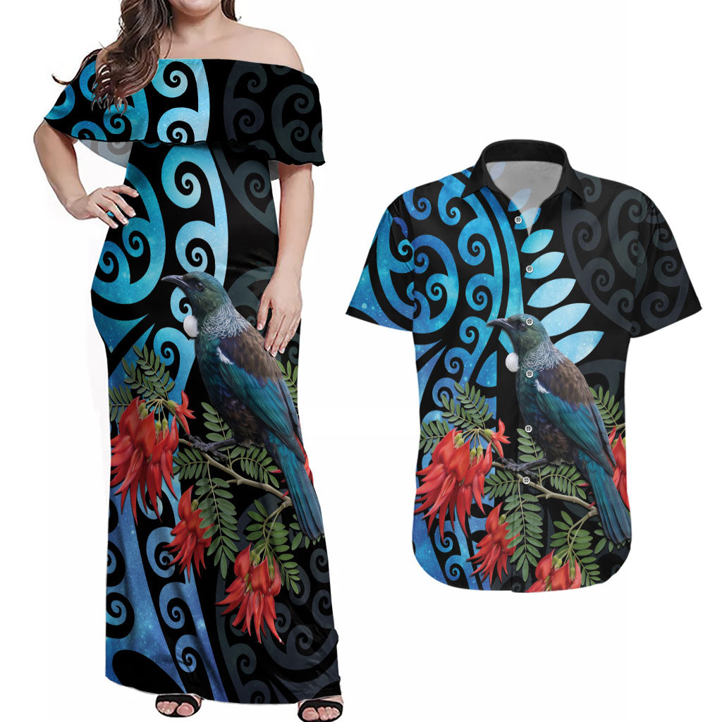 Tui Bird Kakabeak New Zealand Couples Matching Off Shoulder Maxi Dress and Hawaiian Shirt Clianthus Galaxy Maori Koru Pattern LT22 Blue - Polynesian Pride