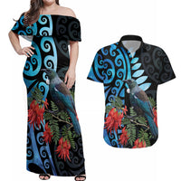 Tui Bird Kakabeak New Zealand Couples Matching Off Shoulder Maxi Dress and Hawaiian Shirt Clianthus Galaxy Maori Koru Pattern LT22 Blue - Polynesian Pride