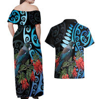 Tui Bird Kakabeak New Zealand Couples Matching Off Shoulder Maxi Dress and Hawaiian Shirt Clianthus Galaxy Maori Koru Pattern LT22 - Polynesian Pride