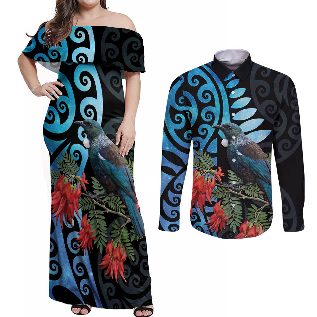 Tui Bird Kakabeak New Zealand Couples Matching Off Shoulder Maxi Dress and Long Sleeve Button Shirt Clianthus Galaxy Maori Koru Pattern LT22 Blue - Polynesian Pride
