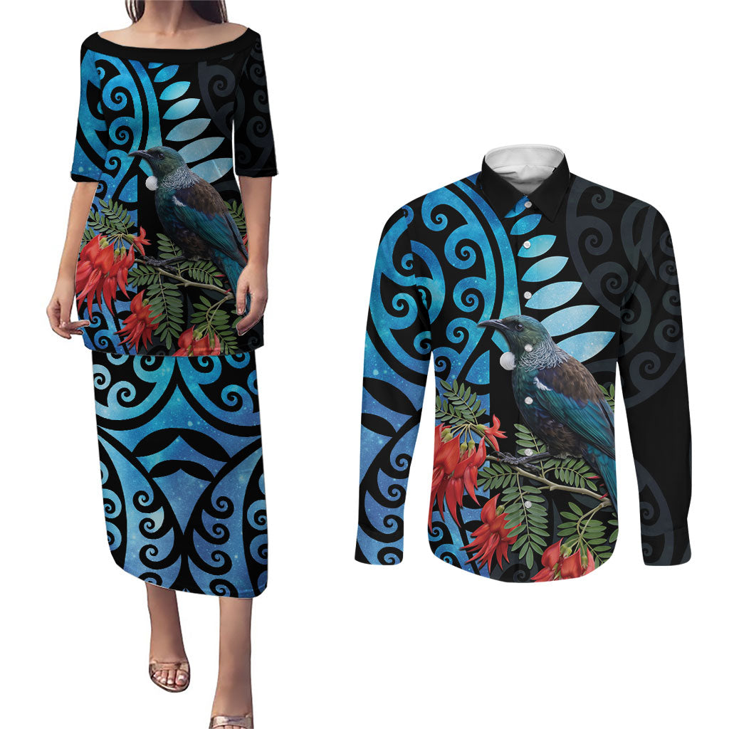 Tui Bird Kakabeak New Zealand Couples Matching Puletasi and Long Sleeve Button Shirt Clianthus Galaxy Maori Koru Pattern