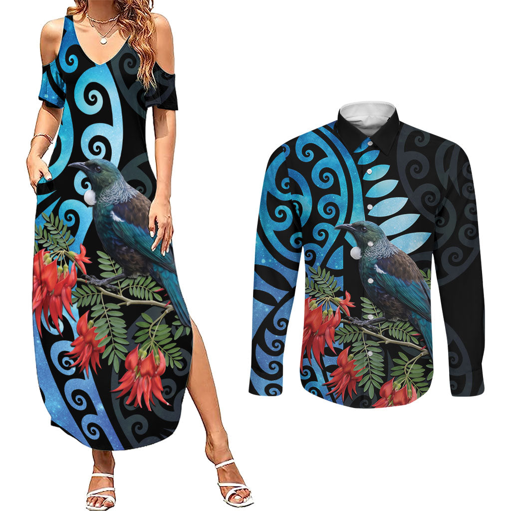 Tui Bird Kakabeak New Zealand Couples Matching Summer Maxi Dress and Long Sleeve Button Shirt Clianthus Galaxy Maori Koru Pattern LT22 Blue - Polynesian Pride