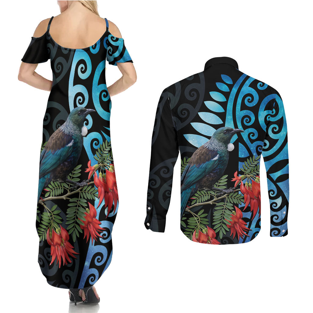 Tui Bird Kakabeak New Zealand Couples Matching Summer Maxi Dress and Long Sleeve Button Shirt Clianthus Galaxy Maori Koru Pattern LT22 - Polynesian Pride