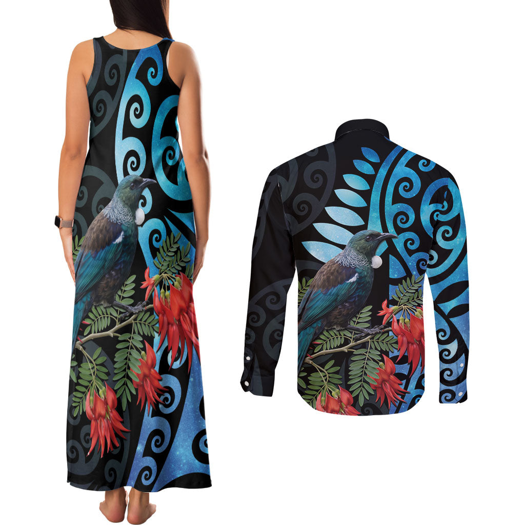 Tui Bird Kakabeak New Zealand Couples Matching Tank Maxi Dress and Long Sleeve Button Shirt Clianthus Galaxy Maori Koru Pattern LT22 - Polynesian Pride