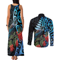 Tui Bird Kakabeak New Zealand Couples Matching Tank Maxi Dress and Long Sleeve Button Shirt Clianthus Galaxy Maori Koru Pattern LT22 - Polynesian Pride