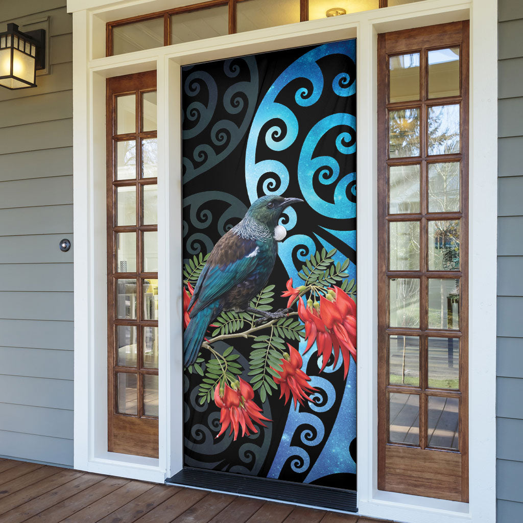 Tui Bird Kakabeak New Zealand Door Cover Clianthus Galaxy Maori Koru Pattern