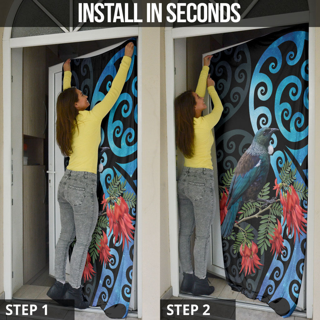 Tui Bird Kakabeak New Zealand Door Cover Clianthus Galaxy Maori Koru Pattern