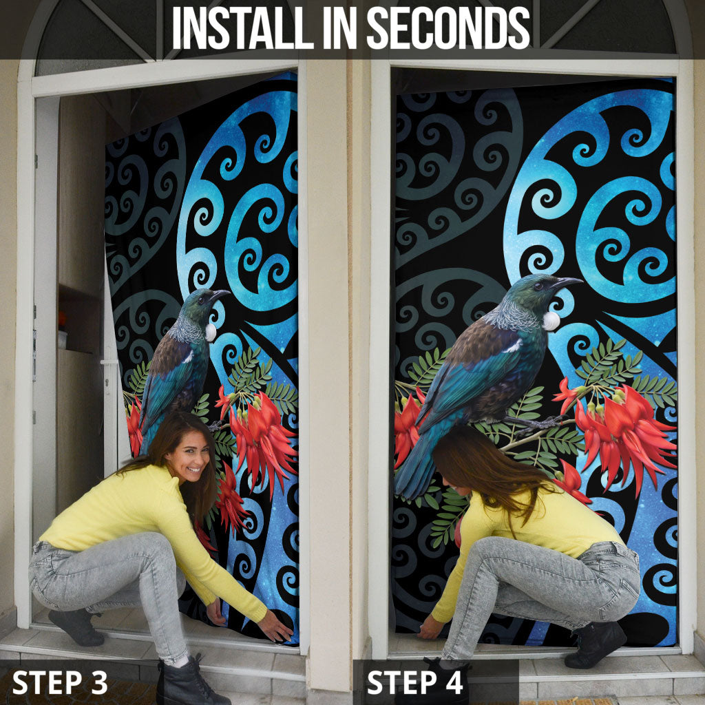 Tui Bird Kakabeak New Zealand Door Cover Clianthus Galaxy Maori Koru Pattern