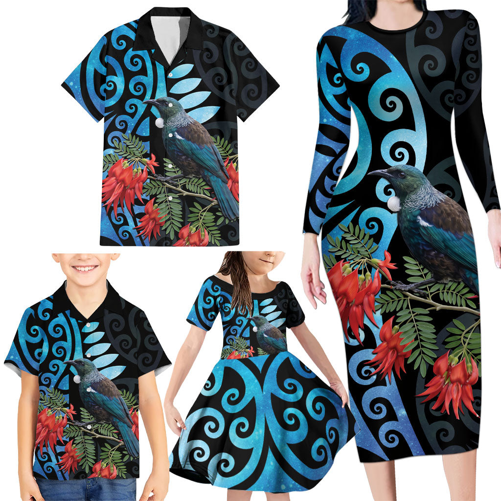 Tui Bird Kakabeak New Zealand Family Matching Long Sleeve Bodycon Dress and Hawaiian Shirt Clianthus Galaxy Maori Koru Pattern