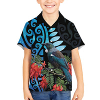 Tui Bird Kakabeak New Zealand Family Matching Long Sleeve Bodycon Dress and Hawaiian Shirt Clianthus Galaxy Maori Koru Pattern LT22 Son's Shirt Blue - Polynesian Pride