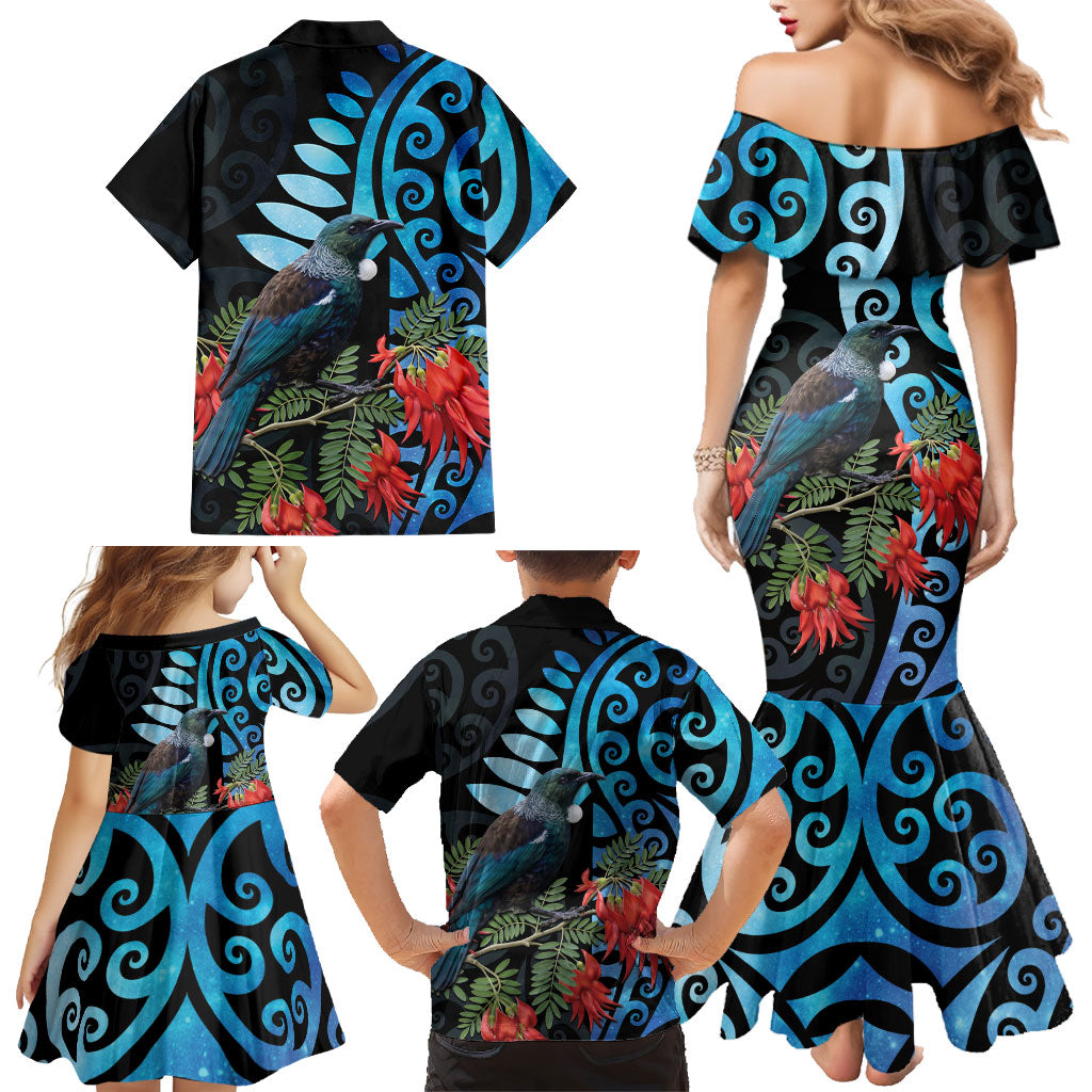 Tui Bird Kakabeak New Zealand Family Matching Mermaid Dress and Hawaiian Shirt Clianthus Galaxy Maori Koru Pattern LT22 - Polynesian Pride